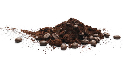 Milled coffee powder with beans isolated on white background