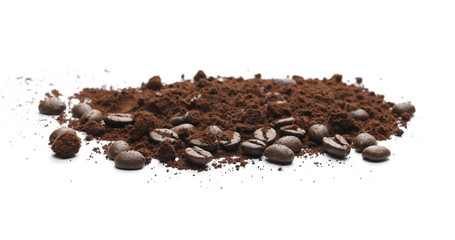 Milled coffee powder with beans isolated on white background