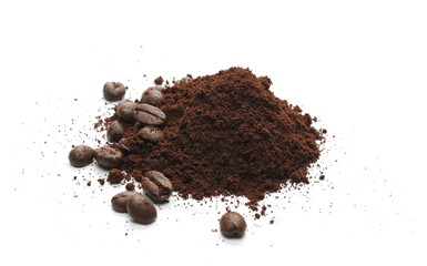 Milled coffee powder with beans isolated on white background