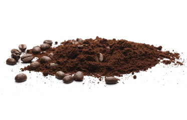 Milled coffee powder with beans isolated on white background