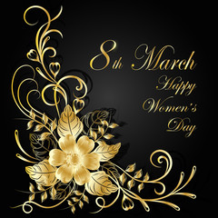 Womens day greeting card. Beautiful gold flowers on dark background with shadow.