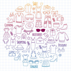 Shopping, market, store. Clothes and fashion icons