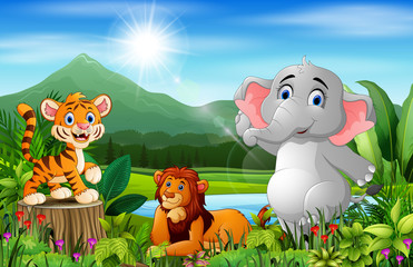 Obraz na płótnie Canvas Landscape forest with happy animals cartoon