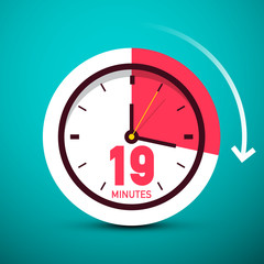 19 Nineteen Minutes Clock Icon. Vector Time Symbol with Arrow.