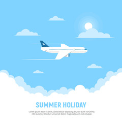 Flying airplane and clouds on blue sky background. Concept travel and holidays. Vector illustration in flat style