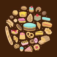 Bread and bakery products, cakes, sweet pies, cupcakes, donuts vector illustrations round concept
