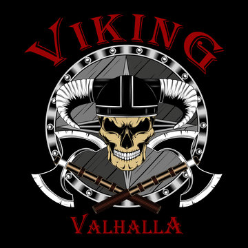 Viking skull in a helmet with two axes and a shield. Color vector image on a black background.