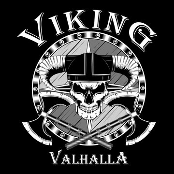 Viking skull in a helmet with two axes and a shield. Vector image on black background.