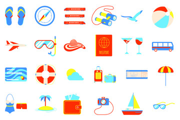 Holiday vacation beach elements flat style design set. Island, sunglasses, swimsuit, trunks, beach hat, umbrella, etc.  signs icons - symbols of season exotic vacations isolated on white background