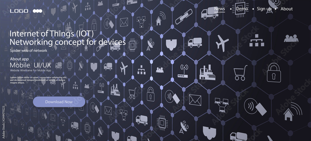 Poster internet of things (iot) and networking concept for connected devices. spider web of network connect