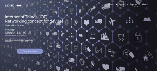 Internet of things (IoT) and networking concept for connected devices. Spider web of network connections with on a futuristic gray background