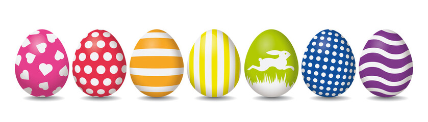 Colorful easter eggs with patterns banner on white background