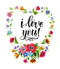 Happy Valentines Day card. Elegant lettering I Love You in floral frame. Vector heart frame. T-shirt design