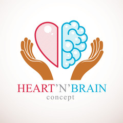 Heart and Brain concept, conflict between emotions and rational thinking, teamwork and balance between soul and intelligence. Vector logo or icon design.
