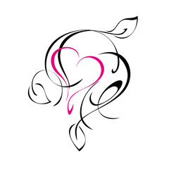 decorative ornament with pink heart and leaves in black lines on white background