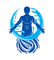 Vector graphic illustration of strong male, body silhouette surrounded by a water ball. Living in harmony with nature.