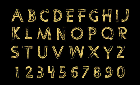 Gold glittering letters in brush hand painted style. Vector graphic.