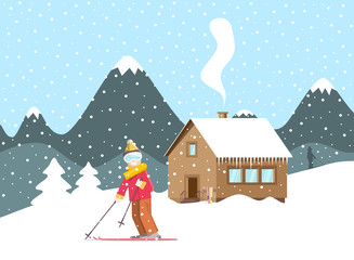 Winter Holliday Landscape Snow with Mountain Wooden Cottage and Skier