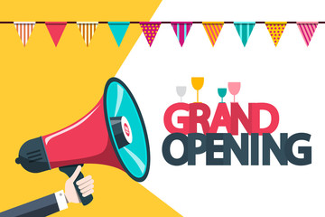 Grand Opening Announcement Card with Megaphone and Party Flags