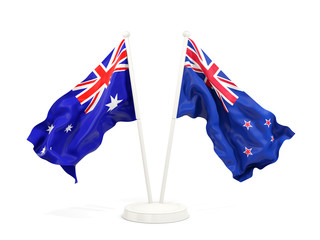 Two waving flags of Australia and new zealand