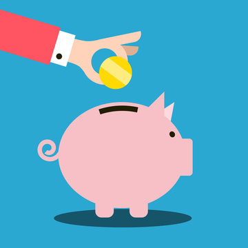 Money Pig and Coin in Hand on Blue Background Vector Flat Design Illustration. Piggy Bank Savings Symbol.