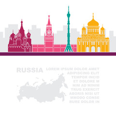 Pattern leaflets with a map of Russia and architectural sights of Moscow