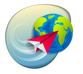 Origami folded toy plane flying around the cartoon paper cut earth, vector modern style 3d illustration isolated on white background.