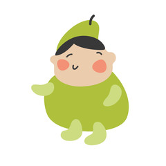 Cute Kids Character. Vector illustration kid wearing fruit costumes. Pear costume child.
