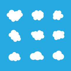 Set of clouds in blue sky. Cloud icon shapes. Collection of different clouds, label, symbol. Graphic vector design element for logo, web and prints.