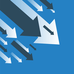 Business finance crisis concept. Money fall down symbol. Arrow decrease economy stretching rising drop. Cost reduction. Loss of income. Vector illustration on blue background.