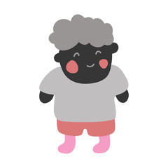 Cute Kids Character. Vector illustration black kid wearing gray tshirt and pink socks.