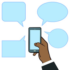 Hand of an African American business man holding a cell phone. White background with empty blue speech bubbles to layout. Isolated vector file. Suit, skin-colored, blue, gray, smartphone, message, com