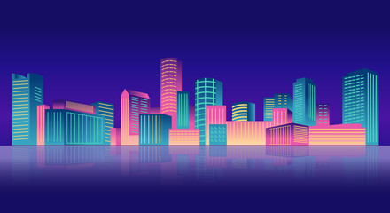 Night city neon light. Downtown American USA Boston. Architecture tower skyscrapers. Horizontal banner vector.
