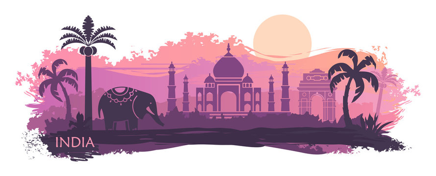Stylized landscape of India with the Taj Mahal and elephant. Vector background
