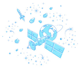 Satellite flying orbital flight around earth, communication technology spacecraft space station with solar panels and satellite antenna plate, with rockets, stars and other elements. Vector.