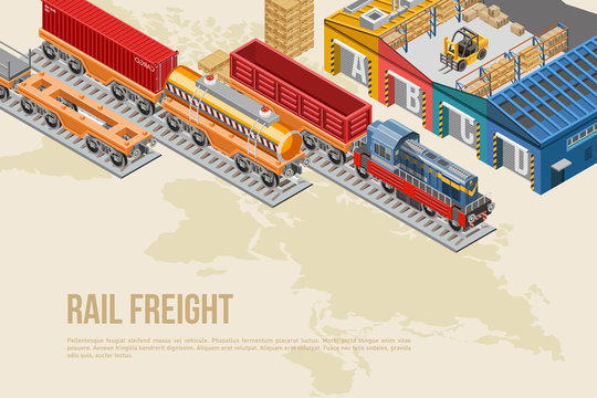 Modern banner for railway delivery system with trains on global map