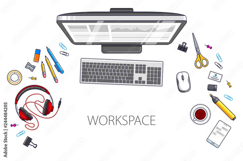 Fototapete work desk workspace top view with pc computer and a lot of different stationery objects on table iso