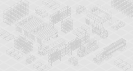 Fototapeta na wymiar Vector wireframe with template of cargo trucks and buildings for delivery concept