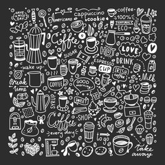 Coffee doodles vector set on black background. Cute cafe hot drinks illustrations and sweet food elements big collection