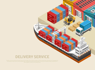 Large freight ship loaded with containers floating near cargo port with heavy machinery and warehouses