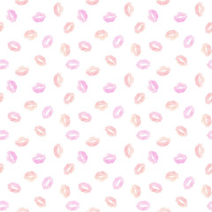 seamless pattern with pink and orange watercolor kisses with white background