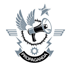 Vector winged logo composed with loudspeaker equipment surrounded by thorn of crowns. Public relations concept, propaganda as a powerful weapon of influence on social behavior.