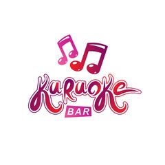 Karaoke bar writing, vector emblem created using musical notes and other design elements. Leisure and relaxation lifestyle presentation
