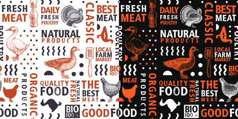 Typographic vector butchery seamless pattern. Graphical goose, hen, turkey, duck silhouette, hand drawn retro illustrations. Vintage styled farm background template. Can be use for packaging and menu. © lubovchipurko