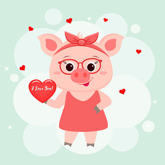 Congratulations on Valentine s Day. A cute pig with a rim, a dress and glasses is standing and holding in its paws a heart with the words I love you. Flat design, cartoon style, vector