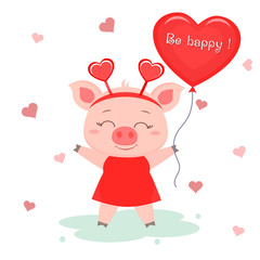 Congratulations on Valentine s Day. A cute pig with a rim and in a red dress is standing and holding a heart-shaped balloon. Flat design, cartoon style, vector