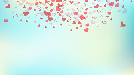 Light background. Red on Gradient fond Vector. A sample of wallpaper design, textiles, packaging, printing, holiday invitation for wedding. Red hearts of confetti are flying.