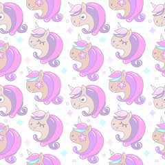 Girlish seamless Pattern with cute unicorns on a white background.