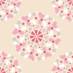 Seamless pattern with decorative hearts and stars. Mandala. Sacred image. Valentine's day. Vector illustration. Can be used for wallpaper, textile, invitation card, web page background.