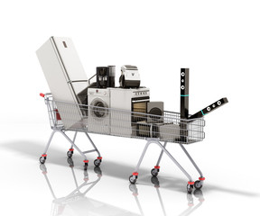 Home appliances in the shopping cart E-commerce or online shopping concept 3d render